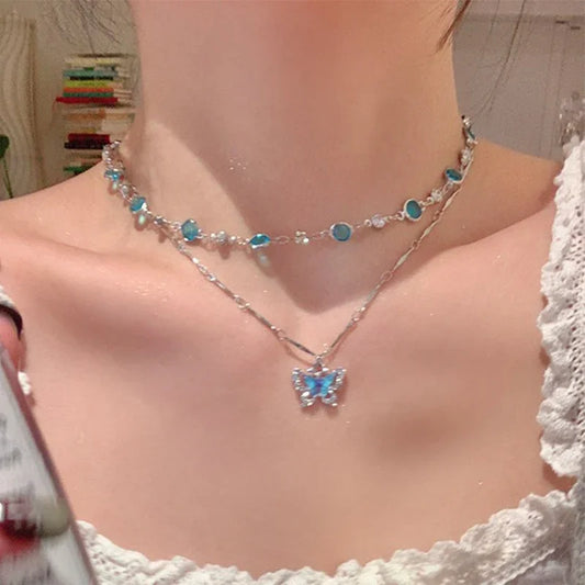 Romantic Blue Crystal Butterfly Necklace – Women’s Zircon Choker Jewelry