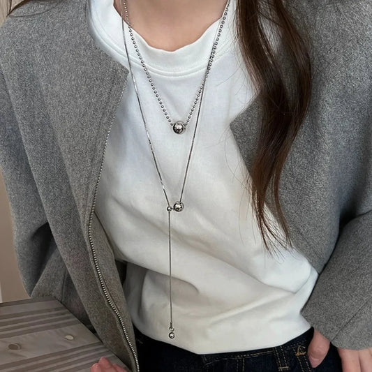 Silver Beaded Ball Pendant Necklace – Women’s Stainless Steel Layered Choker