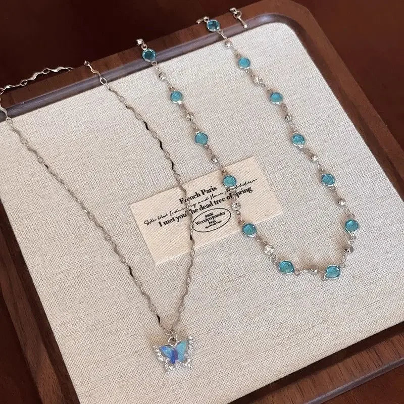 Romantic Blue Crystal Butterfly Necklace – Women’s Zircon Choker Jewelry