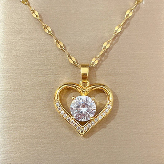Golden Heart & Lips Pendant Necklace – Women’s Stainless Steel Jewelry