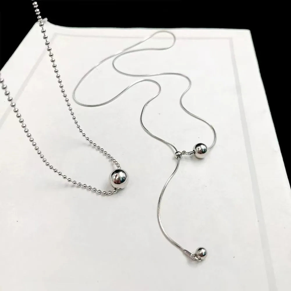 Silver Beaded Ball Pendant Necklace – Women’s Stainless Steel Layered Choker
