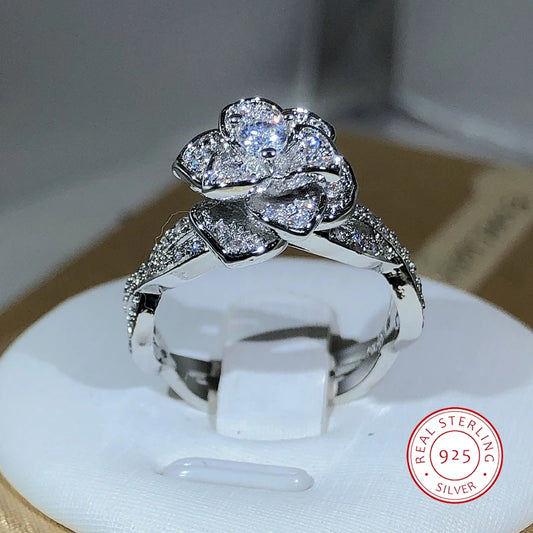 925 Sterling Silver Rose Ring – Elegant White Zircon Intertwined Design
