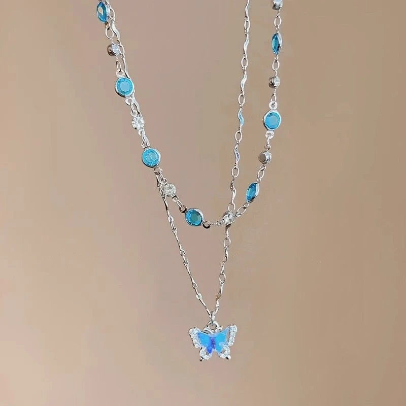 Romantic Blue Crystal Butterfly Necklace – Women’s Zircon Choker Jewelry