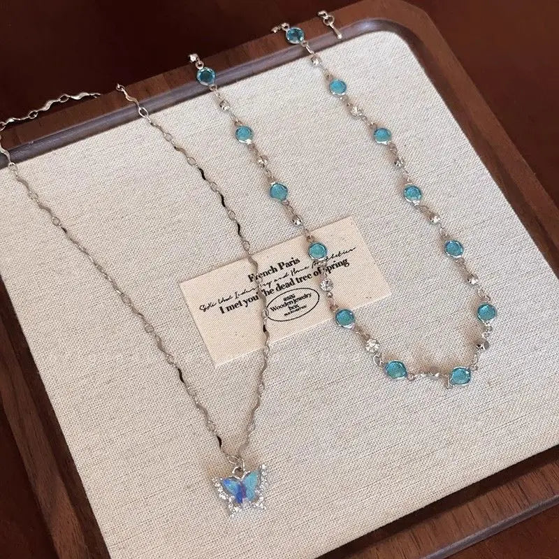 Romantic Blue Crystal Butterfly Necklace – Women’s Zircon Choker Jewelry