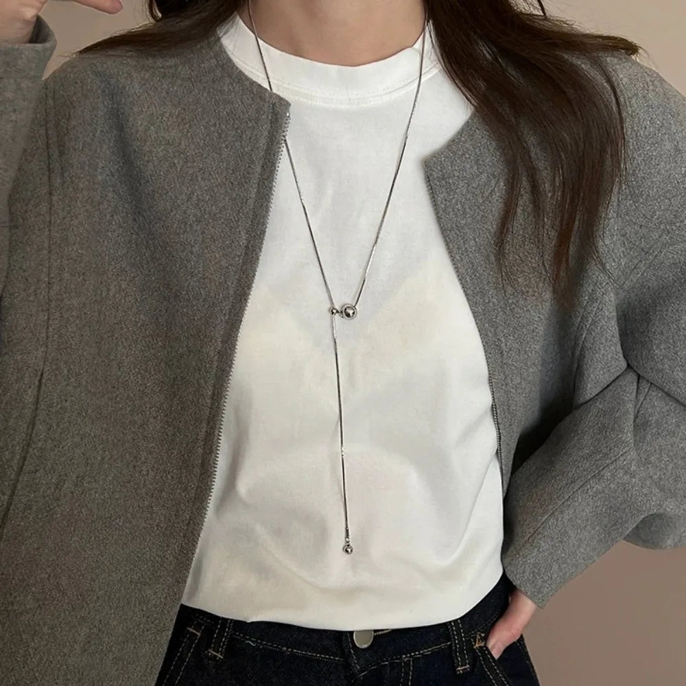 Silver Beaded Ball Pendant Necklace – Women’s Stainless Steel Layered Choker