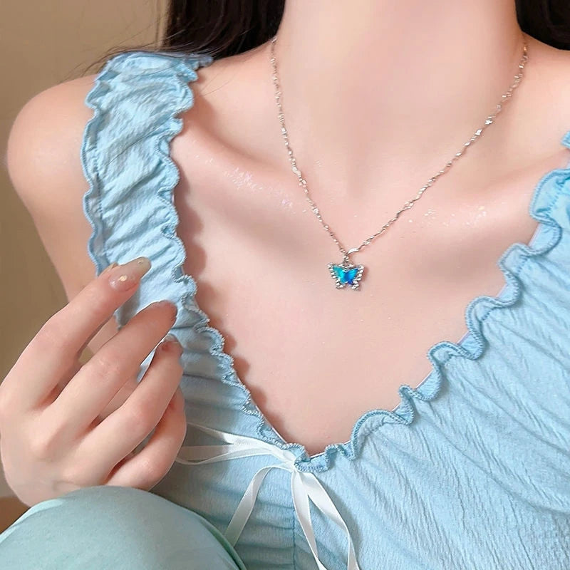 Romantic Blue Crystal Butterfly Necklace – Women’s Zircon Choker Jewelry